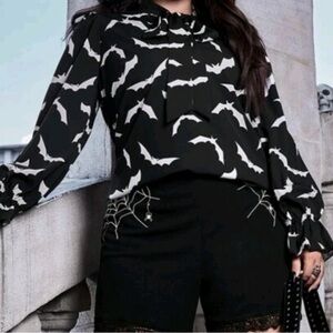 Black and White Bat Print Women's Secretary Blouse